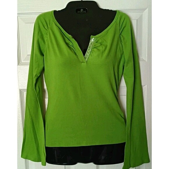 Y2K Bell Sleeve Babydoll T Shirt  Med Split Neck Green Whimsigoth Fairy Grunge - Picture 1 of 6